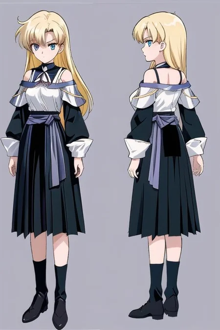 anime, blonde, very messy hair girl, gothic style, no sleeve yellow shirt, black skirt, shoulder, witch, serious face, medieval fantasy, medieval castle, wizard uniform, 1980s (style), retro artstyle, model sheet, simples bsckground, chara-sheet