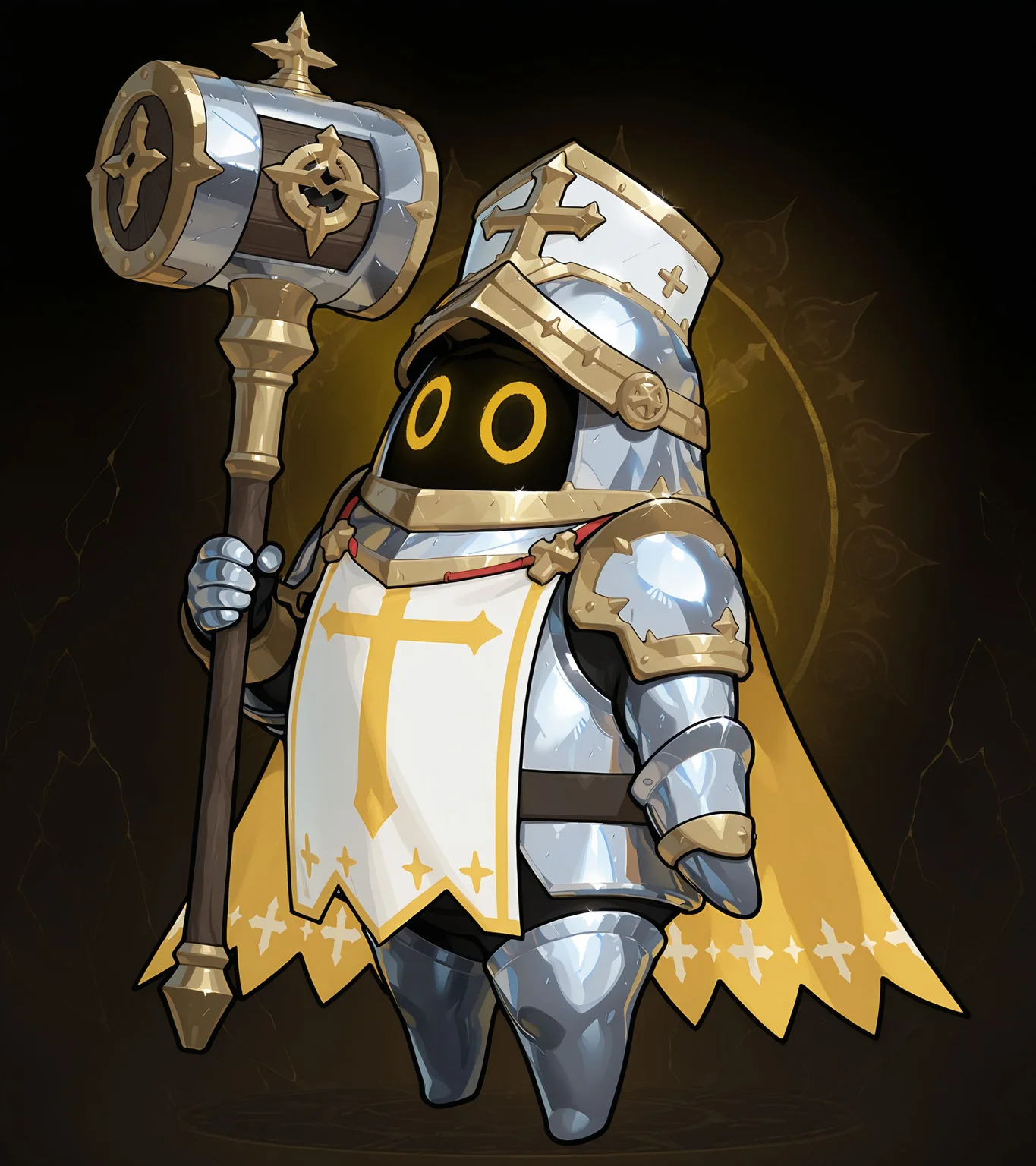 masterpiece, best quality, shiny metal bangboo, holy armor body, holy armor helmet head, dark fantasy background, yellow circular eyes, full body, paladin theme, holding holy hammer, blessing, cleric, banner, <lora:bangboo-v2-illustrious:1>
