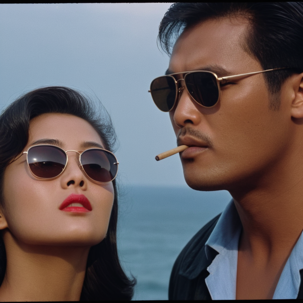 cinematic film still of  <lora:Hong Kong action cinema style:1>
 <lora:Kodak Motion Picture Film Style v4:0.3>
In the 1980's In Hong Kong China a sexy man with sunglasses on looking at a woman,1girl,brown hair,black hair,1boy,parted lips,teeth,looking at another,lips,facial hair,sunglasses,letterboxed,portrait,realistic,Asian,cinematic,action-themed,violence,aim,aiming,pointing,Kodak,Film style,movie style,film grain,film contrast,action packed,serious,stunt,Hong Kong action cinema style,Asian,cinematic,action-themed,violence,aim,aiming,pointing,Kodak,Film style,movie style,film grain,film contrast,action packed,serious,stunt,Hong Kong action cinema style, shallow depth of field, vignette, highly detailed, high budget, bokeh, cinemascope, moody, epic, gorgeous, film grain, grainy