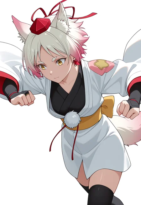 Smooth Quality,masterpiece,very intricate, high quality details, ultra realistic, high detailed skin,detailed enviorement,absurdres,
simple background, white background,solo,
walking, arms swinging, relaxed shoulders, looking forward, natural movement, ,dynamic angle,horrified,
<lora:Momiji_cnn:0.8> momijicnn,1girl, wolf ears, yellow eyes, white hair, pink hair, short hair, gradient hair, thick eyebrows,tokin hat, japanese clothes,white kimono,sash, black thighhighs, long sleeves, bridal gauntlets,earrings, pom pom (clothes), tail,