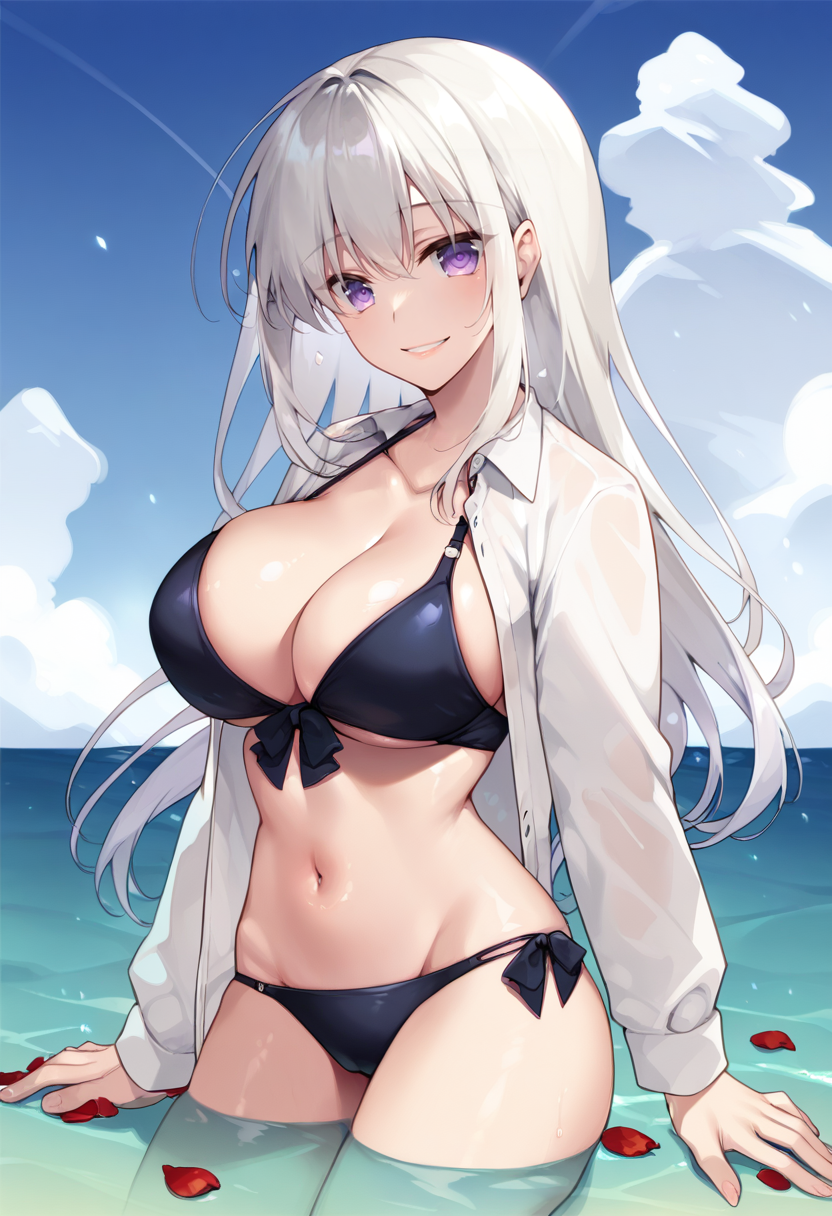 score_9, score_7_up, 1girl,bikini,blue sky,cloud,cloudy sky,flower,long hair,long sleeves,looking at viewer,ocean,open clothes,partially submerged,petals,purple eyes,shiny skin,shirt,simple background,smile,stomach,swimsuit,water,white hair ,  huge breasts<lora:motomiya_mitsuki-Style-PonyXL-Dora:1>