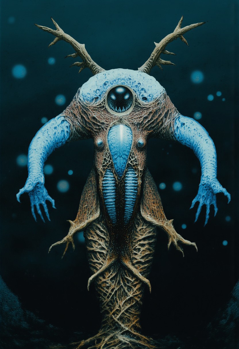 b3rs3rk first person d4concept pov, 3D01S, simple background d4artstyle atmospheric and powerful MikeFranchinastyle dark fantasy, natural organic and first person pov of a berserk style creature
A Tsutomu Nihei style 
Colossal deep-sea eel creature with biomechanical aesthetic, translucent ghostly-blue flesh revealing internal structures. Enormous circular maw filled with concentric rings of crystalline teeth, multiple rows deep. Massive lidless eyes with bioluminescent glow, surrounded by broad fin-like sensory organs resembling gothic architecture. Serpentine body with segmented bone-like plating and ethereal membrane fins undulating along length. Vestigial arms ending in sharp bio-mechanical pincers, legs with six webbed claws emerging from scaled hide. Skin texture transitions between translucent blue membrane and armored plates with muddy brown base and intricate patterns of black and tan speckles. Underwater lighting creating ethereal glow effects and deep shadows, light filtering through membranous parts of body. Air bubbles and particles floating around creature suggest massive scale. Background features deep ocean darkness with subtle bioluminescent elements.
UHD letterboxed game trailer frame chromatic aberration dark atmosphere sharp masterpiece with a focus on the character, elden ring style, dark atmosphere, chromatic aberration