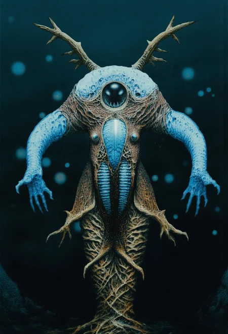 b3rs3rk first person d4concept pov, 3D01S, simple background d4artstyle atmospheric and powerful MikeFranchinastyle dark fantasy, natural organic and first person pov of a berserk style creature
A Tsutomu Nihei style
Colossal deep-sea eel creature with biomechanical aesthetic, translucent ghostly-blue flesh revealing internal structures. Enormous circular maw filled with concentric rings of crystalline teeth, multiple rows deep. Massive lidless eyes with bioluminescent glow, surrounded by broad fin-like sensory organs resembling gothic architecture. Serpentine body with segmented bone-like plating and ethereal membrane fins undulating along length. Vestigial arms ending in sharp bio-mechanical pincers, legs with six webbed claws emerging from scaled hide. Skin texture transitions between translucent blue membrane and armored plates with muddy brown base and intricate patterns of black and tan speckles. Underwater lighting creating ethereal glow effects and deep shadows, light filtering through membranous parts of body. Air bubbles and particles floating around creature suggest massive scale. Background features deep ocean darkness with subtle bioluminescent elements.
UHD letterboxed game trailer frame chromatic aberration dark atmosphere sharp masterpiece with a focus on the character, elden ring style, dark atmosphere, chromatic aberration