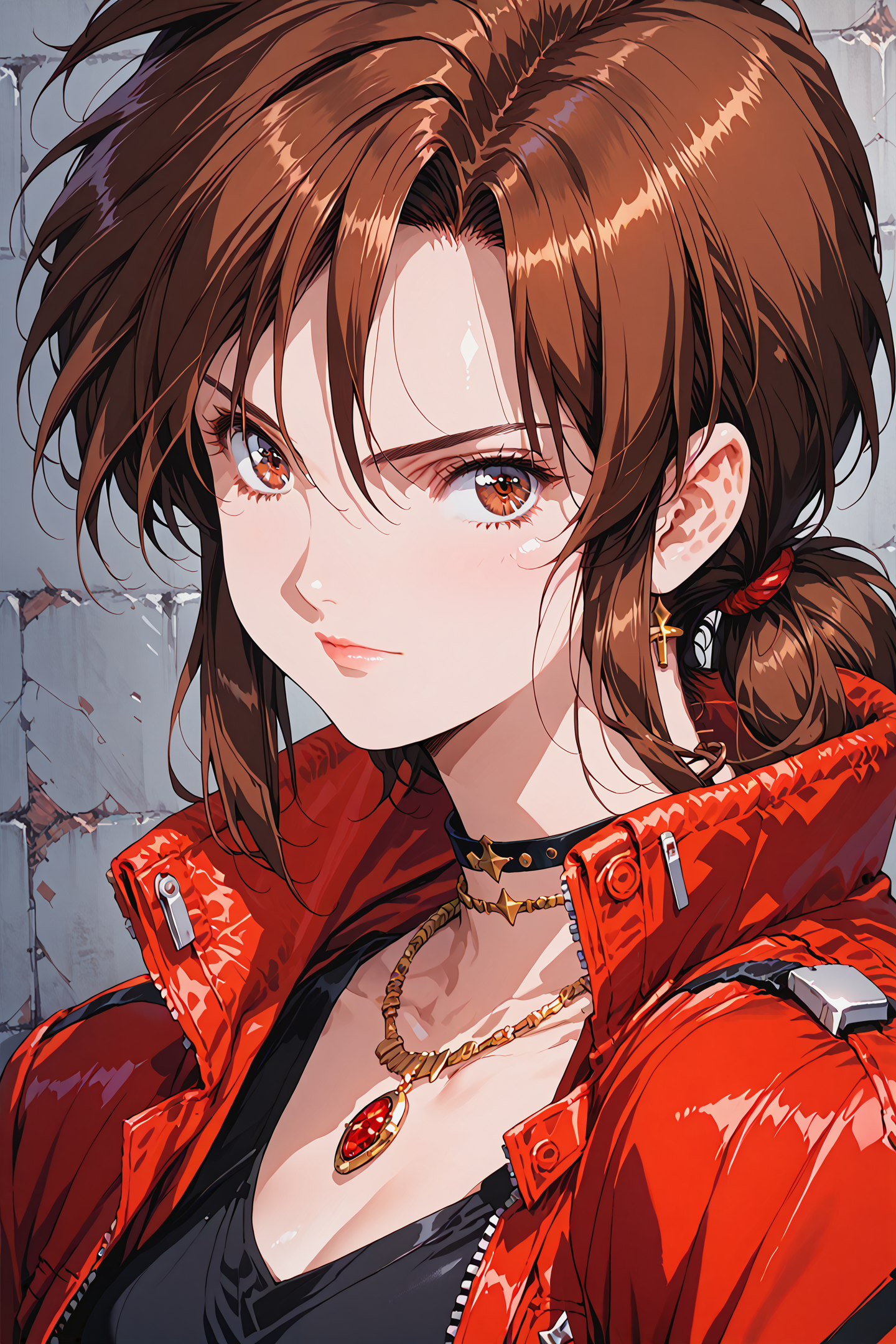 score_9, score_8_up, score_7_up,
1girl, solo, Priss, Brown hair, brown eyes, sidelocks, close up,
black dress, red jacket, choker, necklace, fingerless gloves,
cybernetic wall, grey wall, looking at viewer, 
urushihara satoshi style, 
<lora:Priss_Asagiri__Bubblegum_Crisis_Tokyo_2040:0.7>,   <lora:woman_consistency_v2-loha:0.5>,  <lora:super lora_flyx3_XL_PONY:0.6>,  <lora:cnv3mdde878c738thn20:0.5>, <lora:gg3:0.6>