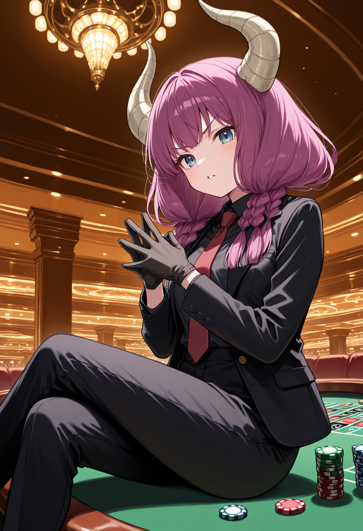 masterpiece, best quality, 1girl, solo, 4ura, purple hair, horns, long hair, twin braids, black suit, suit, formal, black jacket, indoors, casino, sitting, from side, crossed legs, blue eyes, pant suit, black pants, red necktie, open jacket, gloves, black gloves, roulette, on table, looking at viewer, black shirt, poker chip, steepled fingers, own hands together, hands up, v-shaped eyebrows, parted lips