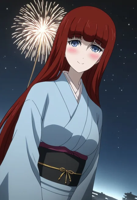 rating_safe, Ultra-high-detailed Anime illustration of Kagari Shiina from Anime Steins;Gate 0.
The artwork features Kagari in a solo, standing position with a outdoors, flield, and night background. night time. night. stars.
She is depicted with intricate details showcasing her large breasts, natural_breasts. She is a white skinned, 22 years old woman. Kagari is looking_at_viewer with perfect_eyes, Her pupils are highly detailed. The eyes are open. blue eyes. Kagari's eyes are highlighted. Highlighted eyevrows.
She has long hair, red colored hair, styled in blunt bangs and floating hair.
She is wearing a blue kimono and black shoes. japanese kimono, kimono.
The artistic style is intricate_details_xl with a focus on Anime art. The color palette emphasizes red and black with detailed strokes to bring out the character's features. The lighting creates dramatic shadows and highlights, adding depth to the artwork. The perspective is from a face focus, dutch angle to enhance the impact of the character's expression. This masterpiece is a true portrayal of Kagari's complex personality and will captivate any fan of Kagari. uncensored, upper body, blushing, smile, Kagari Shiina,
perfecteyes,
<lora:Steins_Gate:1>
kimono
happy new year!, Happy New Year fireworks, Happy New Years