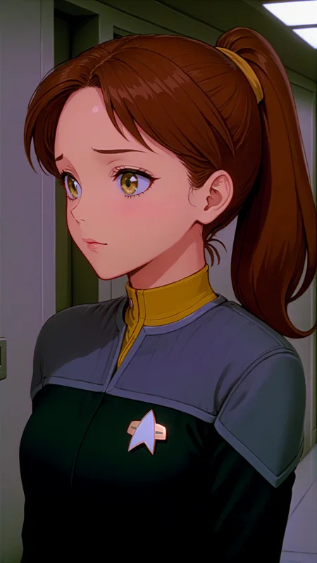black and grey ds9st uniform,yellow collar,A anime screenshot,latino woman,brown hair,ponytail,in a hallway,<lora:DS9XLVGRAD3:0.8>
detailed face