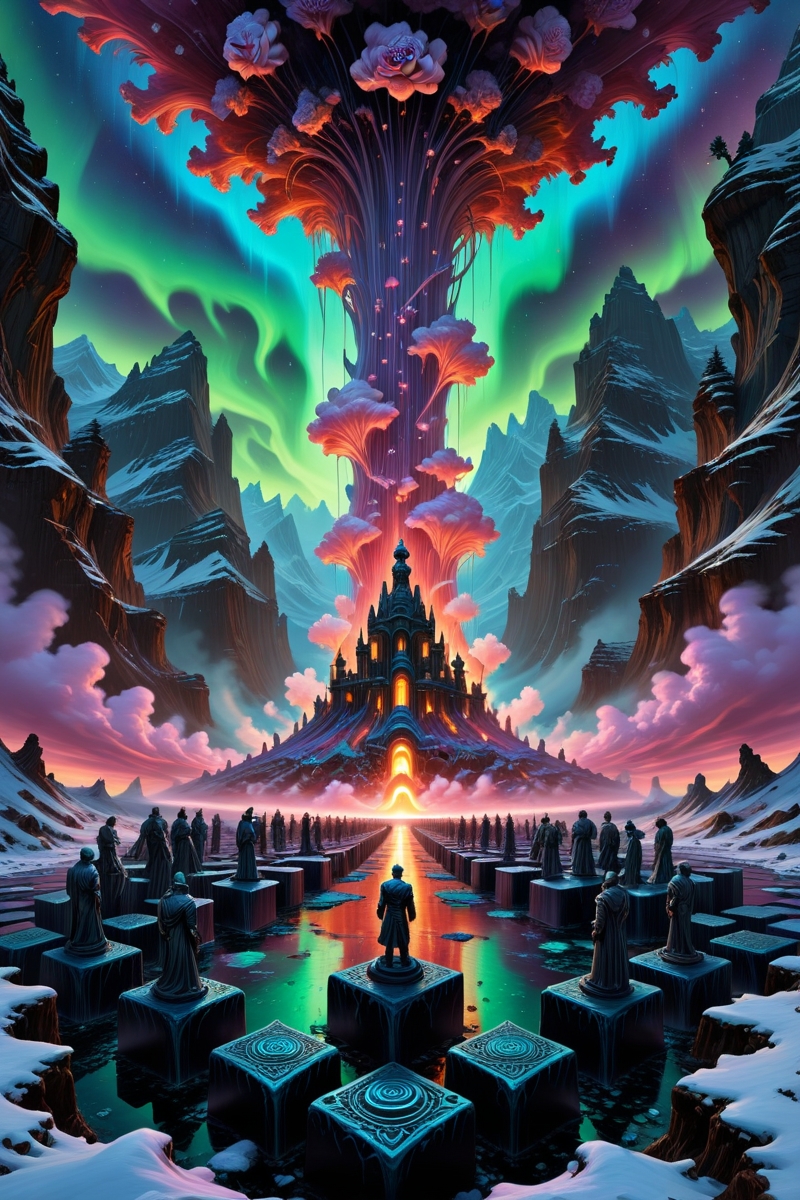 Art painting by Moebius and Richard Estes and Andy Warhol, featured on Eddie Mendoza, ,Dark matter noon interacting invisibly, Winter aurora factories emitting prismatic smog , chaos neo classical, Giant's chessboard valley with obsidian king figures,Drone snowfall deploying repair nanites,Nanotech dust storm glitter in repair swarms, Psionic geyser field erupting liquid memories, Cirrus uncinus homogenitus from quantum computer coolant, , crystal lattice fluorescence -mineral communication,, 
<lora:betmd2:0.15> betmd, Clovers, roses, flowers, colorful, levanders,
 <lora:detailed_notrigger:0.7>,
 <lora:aidmaImageUpgraderSDXL-v0.3:0.2> aidmaImageUpgrader,
 <lora:Flux-style-xl-lora:0.2> flux-style, 
<lora:Vivid Midjourney mimic - XL SDXL v2.0:0.3>,
 <lora:add-detail-xl:0.5>,