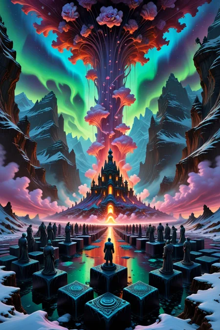 Art painting by Moebius and Richard Estes and Andy Warhol, featured on Eddie Mendoza, ,Dark matter noon interacting invisibly, Winter aurora factories emitting prismatic smog , chaos neo classical, Giant's chessboard valley with obsidian king figures,Drone snowfall deploying repair nanites,Nanotech dust storm glitter in repair swarms, Psionic geyser field erupting liquid memories, Cirrus uncinus homogenitus from quantum computer coolant, , crystal lattice fluorescence -mineral communication,,
<lora:betmd2:0.15> betmd, Clovers, roses, flowers, colorful, levanders,
<lora:detailed_notrigger:0.7>,
<lora:aidmaImageUpgraderSDXL-v0.3:0.2> aidmaImageUpgrader,
<lora:Flux-style-xl-lora:0.2> flux-style,
<lora:Vivid Midjourney mimic - XL SDXL v2.0:0.3>,
<lora:add-detail-xl:0.5>,
