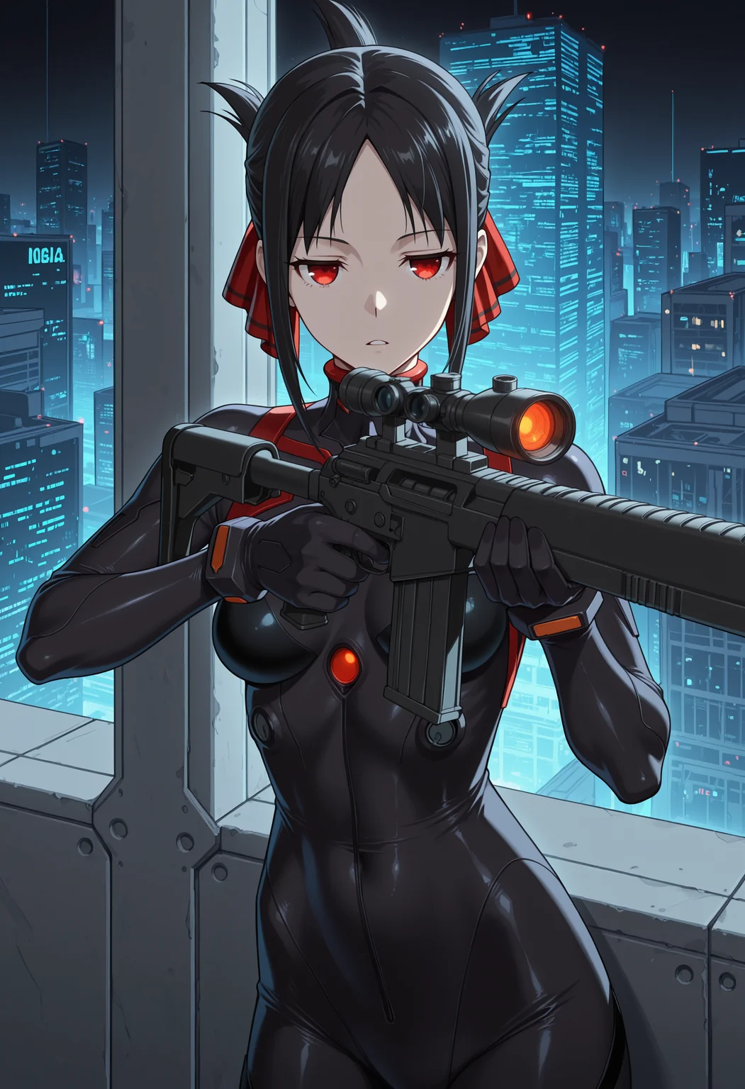 masterpiece, best quality, highres, absurdres, very awa, 1girl, solo, folded ponytail, parted bangs, black hair, no pupils, hair ribbon, red ribbon, plugsuit, interface headset, skin tight, pilot suit, cyberspace, cyberpunk, orange glowing outlines, aiming, holding gun, red eyes, grid, city, scifi, rifle, scope, cowboy shot, looking ahead, bored, jitome, parted lips