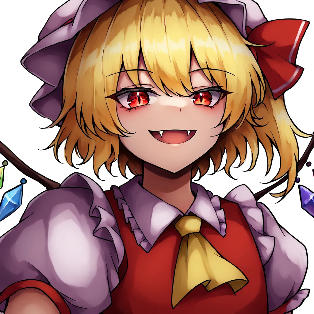 <lora:ieknnig_epoch_1:1> <lora:fangs_out_pony:1> 1girl, aburdres, masterpiece, best quality, simple background, white background, upper body view, flandre scarlet, red eyes, blonde hair, side ponytail, hair bow, white headwear, mob cap, white puffy sleeves, white sleeves, short sleeves, red vest, yellow ascot, red skirt, frilled skirt, flat chest, smile, fangs, fangs out, sharp teeth, looking at viewer, detailxl
