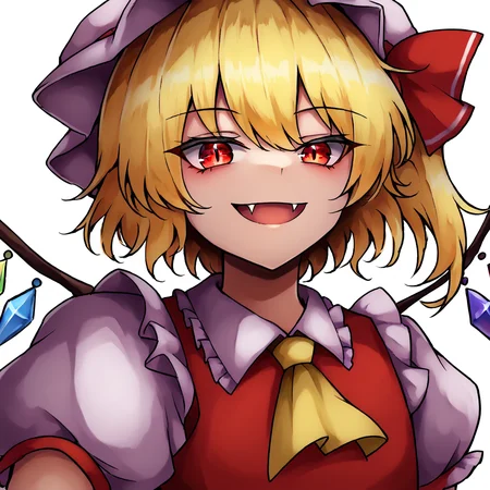 <lora:ieknnig_epoch_1:1> <lora:fangs_out_pony:1> 1girl, aburdres, masterpiece, best quality, simple background, white background, upper body view, flandre scarlet, red eyes, blonde hair, side ponytail, hair bow, white headwear, mob cap, white puffy sleeves, white sleeves, short sleeves, red vest, yellow ascot, red skirt, frilled skirt, flat chest, smile, fangs, fangs out, sharp teeth, looking at viewer, detailxl