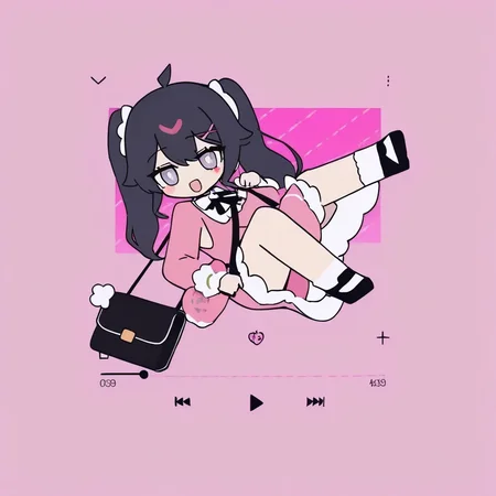 1girl, 
yumenouchi chiharu, sakura \(39ra\), tyakomes, henreader, baku-p, daizu \(melon-lemon\), 
rabbit hole
quan, twintails, frills, bow, sticker on cheek, pink background, pinafore dress, puffy sleeves, ahoge, low twintails, brooch, heart brooch, looking at viewer, hand cursor, puffy long sleeves, smile, ribbon, long sleeves, grey eyes, bag, back bow, pink dress, black hair, short twintails, holding, dress, sleeveless, solo, jewelry, neck ribbon, animal-shaped pupils, shoulder bag, midair, x hair ornament, symbol-shaped pupils, sleeveless dress, frilled dress, open mouth, pom pom \(clothes\), heart, medium hair, hair ornament, shoes, chibi, 
masterpiece, newest, absurdres, safe
 <lora:rabbit_hole:1>