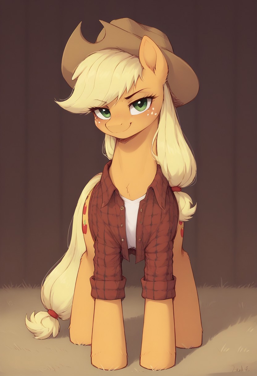 score_9, score_8_up, score_7_up, d4rkpurp, ((feral pony)), solo, moody lighting, dark lighting, dark barn, haybales, looking at viewer, standing on four legs, slight smirk, close up, front view
BREAK,
(applejack), dark red plaid shirt, white shirt, cowboy hat