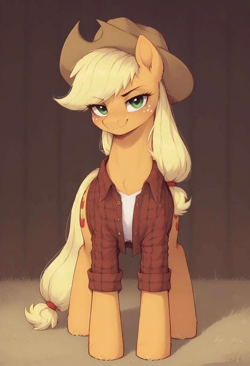 score_9, score_8_up, score_7_up, d4rkpurp, ((feral pony)), solo, moody lighting, dark lighting, dark barn, haybales, looking at viewer, standing on four legs, slight smirk, close up, front view
BREAK,
(applejack), dark red plaid shirt, white shirt, cowboy hat