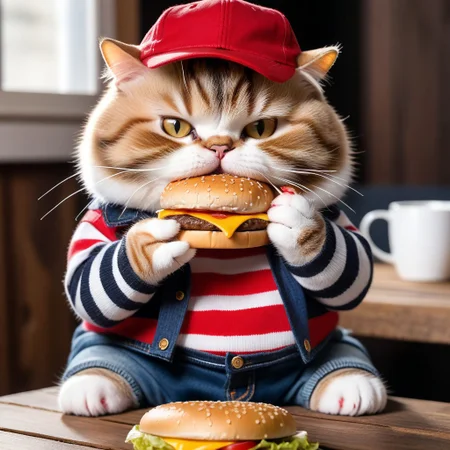 Chubby cat wearing red striped shirt and jeans and red truckers cap eating hamburger on wooden table, shallow depth of field, realistic