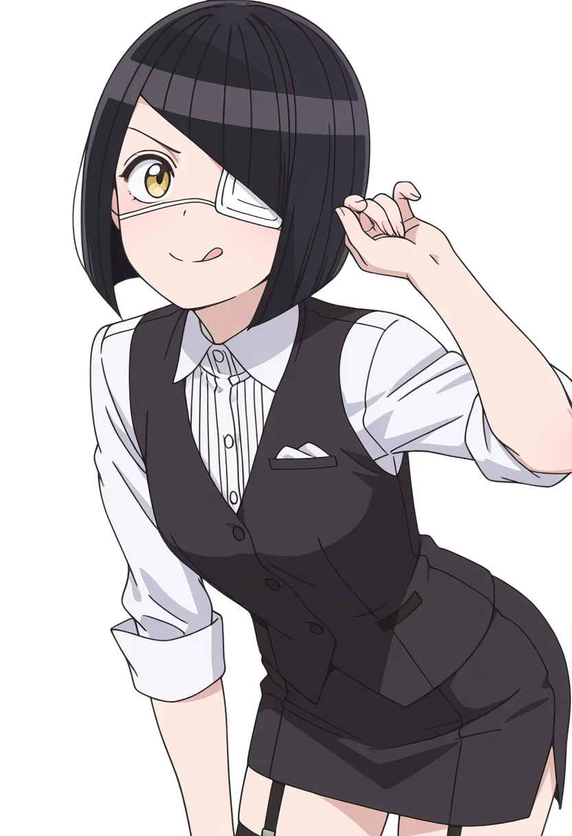 Smooth Quality,masterpiece,very intricate, high quality details, ultra realistic, high detailed skin,detailed enviorement,
simple background, white background,front view,;q,
 garter straps, ,shirt, ,waistcoat,  , <lora:Nakanaka_Omoharu_cnn:0.8> nakanakaomoharucnn, 1girl,black hair, short hair, bangs, bob cut, yellow eyes, eyepatch,