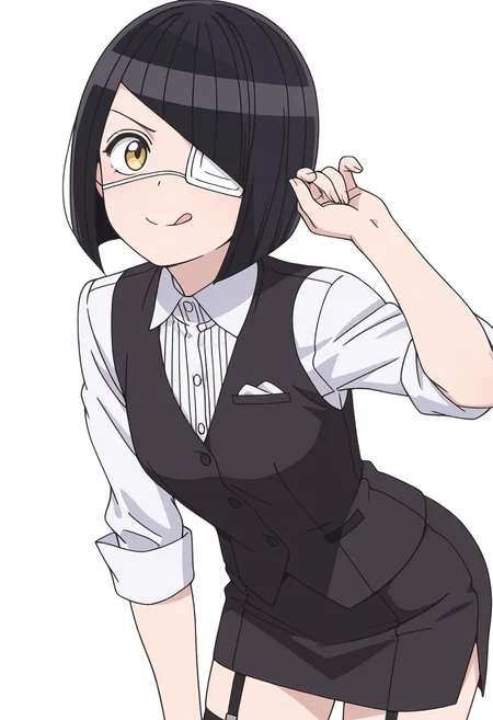 Smooth Quality,masterpiece,very intricate, high quality details, ultra realistic, high detailed skin,detailed enviorement,
simple background, white background,front view,;q,
garter straps, ,shirt, ,waistcoat, , <lora:Nakanaka_Omoharu_cnn:0.8> nakanakaomoharucnn, 1girl,black hair, short hair, bangs, bob cut, yellow eyes, eyepatch,