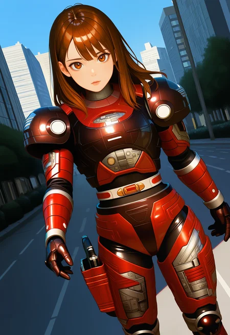 1girl, solo, R3ddle, armor, bodysuit, shoulder pad, gloves, belt, kneepad, holster, brown hair, brown eyes, cowboy shot, dutch angle, looking at viewer, shiny clothes,
outdoors, city,
best quality, very aesthetic, masterpiece,
