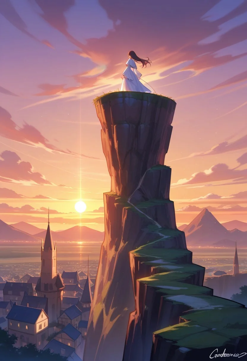best quality, masterpiece, extremely detailed, professional art, professional painting, an extremely delicate and beautiful, dynamic, great lighting, perfect shading, professional shading, depth of field, side soft light, elegant, gorgeous, highly detailed, full shot, uncropped, pure genious, absolutely perfect, highly detailed, breathtaking, a giant and sheer cliff face with a town built into it, lots of different dwellings, fantasy, sunset