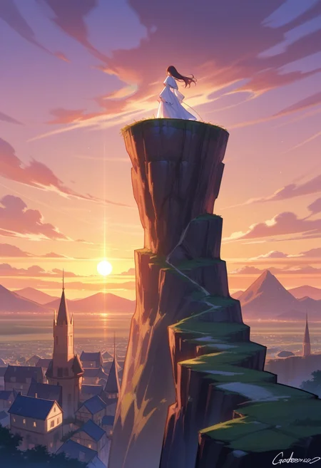best quality, masterpiece, extremely detailed, professional art, professional painting, an extremely delicate and beautiful, dynamic, great lighting, perfect shading, professional shading, depth of field, side soft light, elegant, gorgeous, highly detailed, full shot, uncropped, pure genious, absolutely perfect, highly detailed, breathtaking, a giant and sheer cliff face with a town built into it, lots of different dwellings, fantasy, sunset