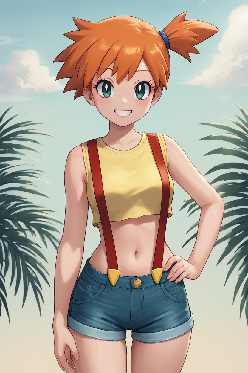 high resolution, highly detailed, perfect lighting, beautiful detailed eyes,   ((masterpiece,best quality)), absurdres, solo,     , <lora:LunarCAT_Style:0.8>,  v, Misty (Pokemon), yellow crop top, suspenders, side ponytail, orange hair, denim shorts, solo, smiling, looking at viewer, cowboy shot, contrapposto, hand on hip, tropical background,