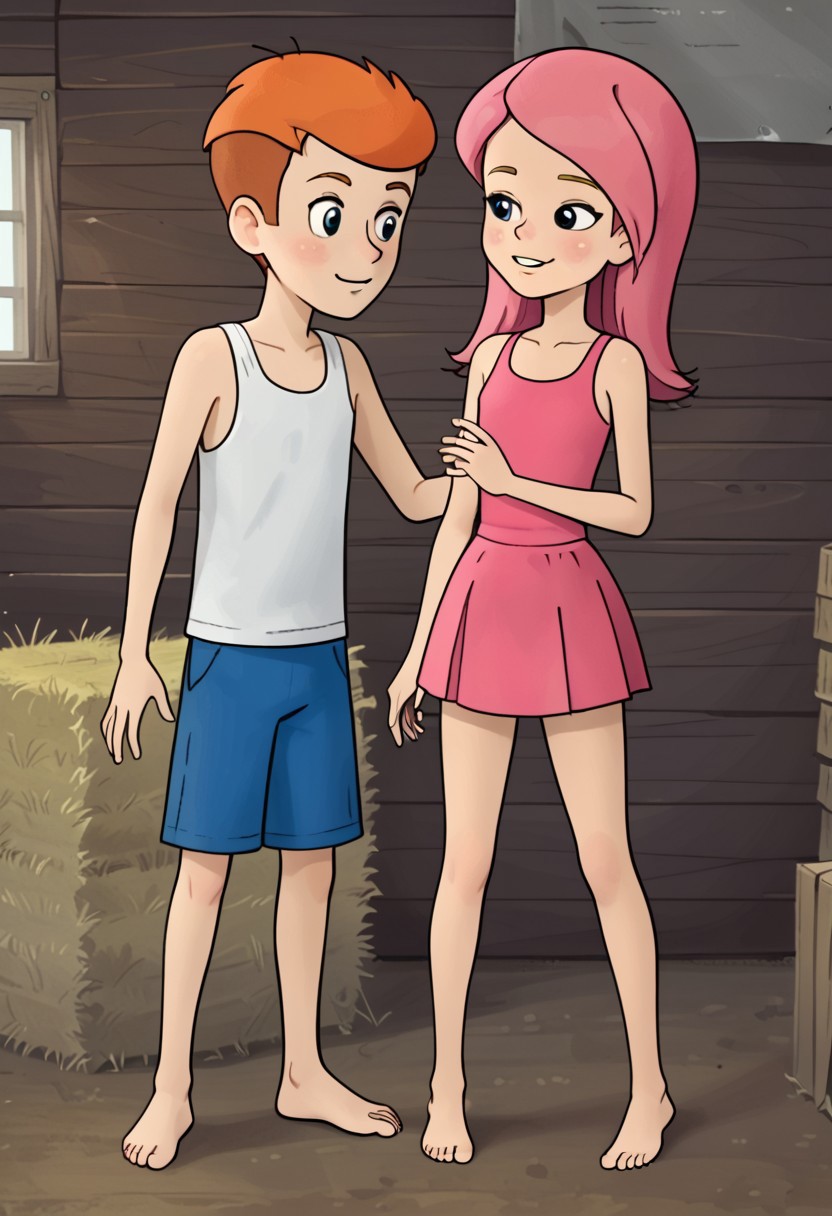 score_7, score_8, score_9, well detailed, 2d, flat colours, vector, line art, cartoon, animated drawing, 1boy, 1girl, shorty, skinny, undersized, underweighted, flat chested, well drawn, detailed , prostokvashino, fyodor, olya, couple, boy and girl, boy with short orange hair, girl with long pink hair, barn background, wooden wall, haystack, shorts, tank top, microskirt, barefoot,  submissive girl, dominating boy, boy groping girl chest and crotch, boy caressing girl, boy stroking girl, boy grabbing girl,