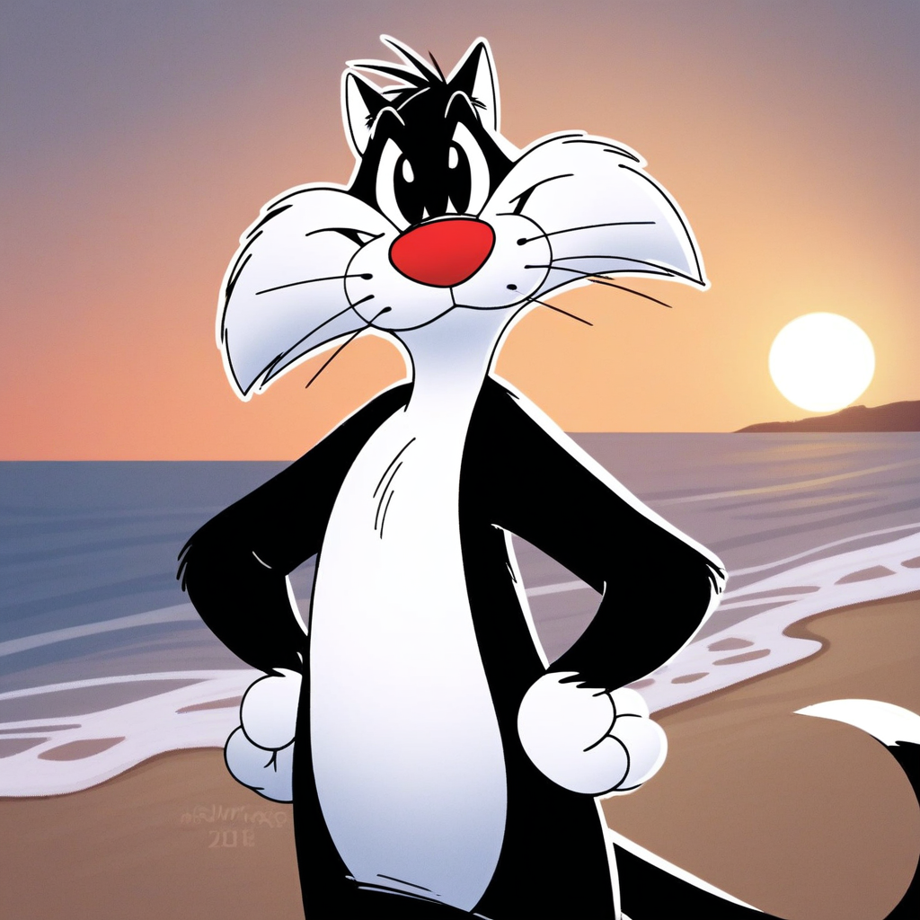 score_9, solo, sylvester, furry, cat, whiskers, hands on hips, looking at viewer, cute, beach, natural lighting