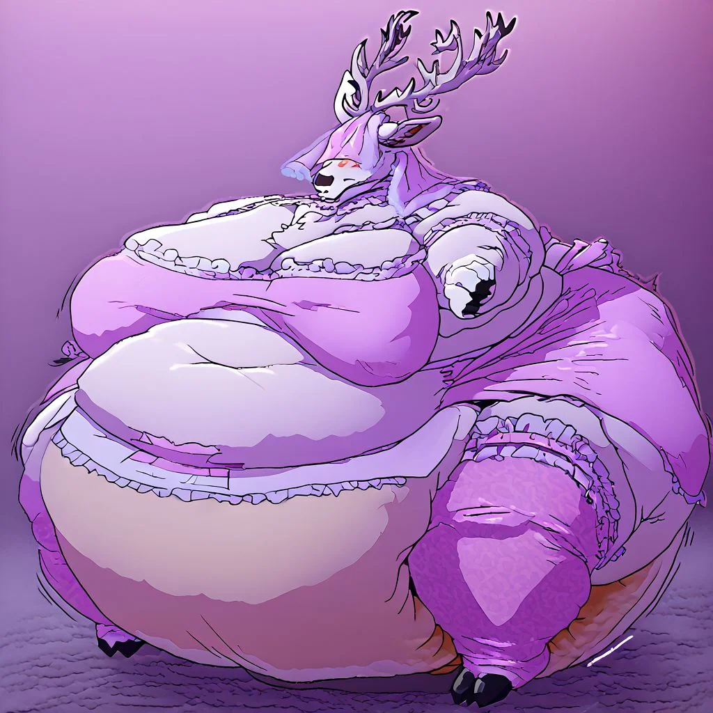 bbvicamelia, antlers, big antlers, veil, frilly veil, immobile, fat, chubby, plump, obese, large breasts, big butt, fat cheeks, wearing dr3ss, satin maid outfit, short poofy voluminous skirt, frills, apron, thighhighs, takeda hiromitsu style, diaper, big diaper, purple diaper, huge diaper, massive diaper, blue diaper, pink diaper, blush, waddle