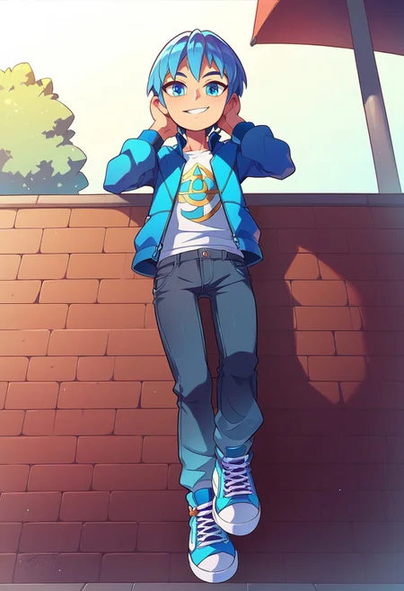 (((beautiful, high quality))), score_9, score_8_up, score_7_up, score_9, score_8_up, score_8, masterpiece, best quality, unrealistically high details, extremely high quality, ultra high detail, good anatomy, anime style, full body, park background BREAK cute, ((1boy, solo, blue hair, cyan eyes, smile, skinny boy, (((
blue racing driver's jacket, black jeans, blue sneakers, sultry look, looking at viewer))), dramatic angle, (ray tracing, good shadows, score_9, score_8_up, score_7_up),