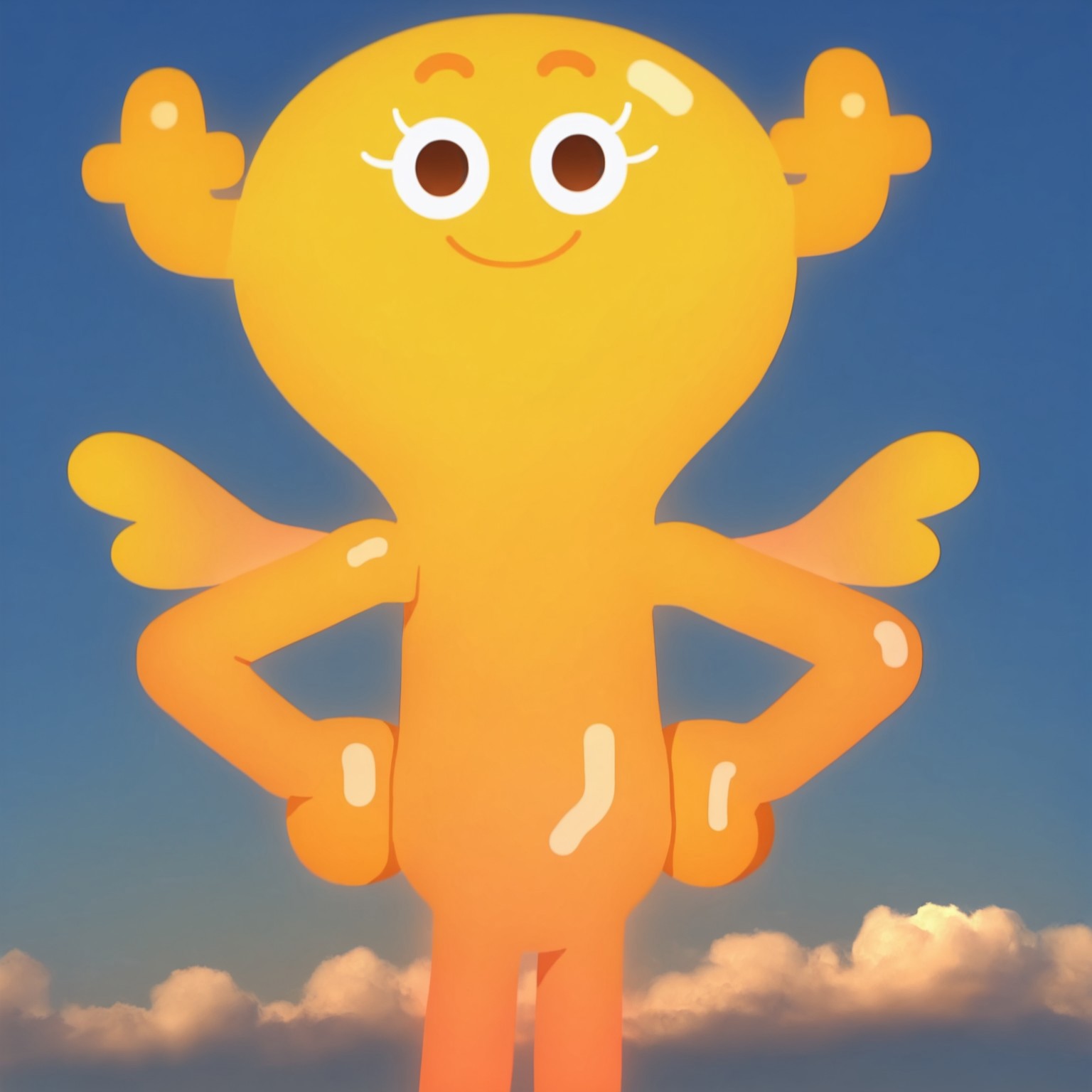 uncensored, masterpiece, best quality, highly detailed, realistic, 1girl, solo, PenFGB, female humanoid, fairy, antlers, orange eyebrows, white eyelashes, dark-orange eyes, yellow skin, multicolored skin, orange legs, small wings, smile, closed mouth, looking at viewer, flying, clouds, blue sky, afternoon, (front view), detailed background, three-quarter portrait, (ball hands), (featureless crotch), ((yellow face))