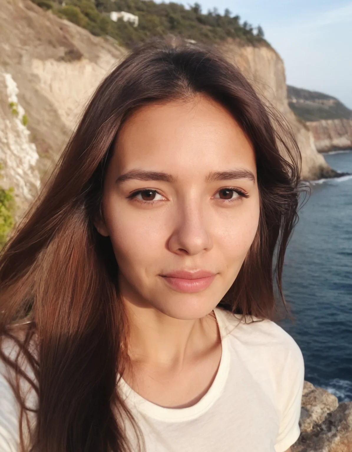 amateur cellphone photography cute Prime of Life woman with Medium brown Half-up half-down hair at sea cliff . f8.0, samsung galaxy, noise, jpeg artefacts, poor lighting, low light, underexposed, high contrast