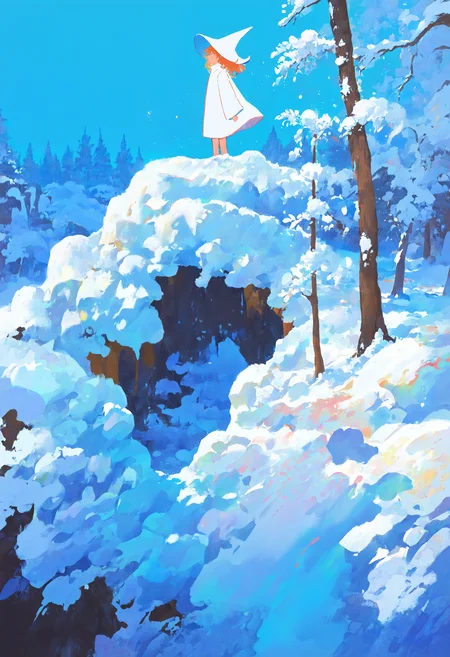 masterpiece, absurdres, newest, very awa, very detailed painting \(medium\), impressionism, 1girl, solo, witch hat, white headwear, white robe, ginger hair, outdoors, snow, winter, blue theme, white theme, tree, forest, cliff, looking afar, blue sky, <lora:mengxuanliart:0.8>
