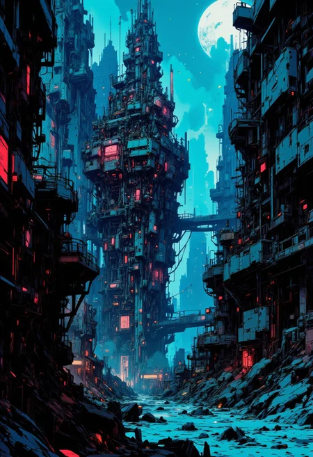 CAICO, nvinkpunk dark blue and black theme, detailed image, This is a digital artwork in the style of ckgr, the image is featuring a sci-fi cityscape of colossal buildings and towers, black and gunmetal grey alloy surfaces with high-end circuitry, red glowing diodes and lights, large depth of field. The sky is a dark midnight blue, with a moon and stars showing in a clear sky