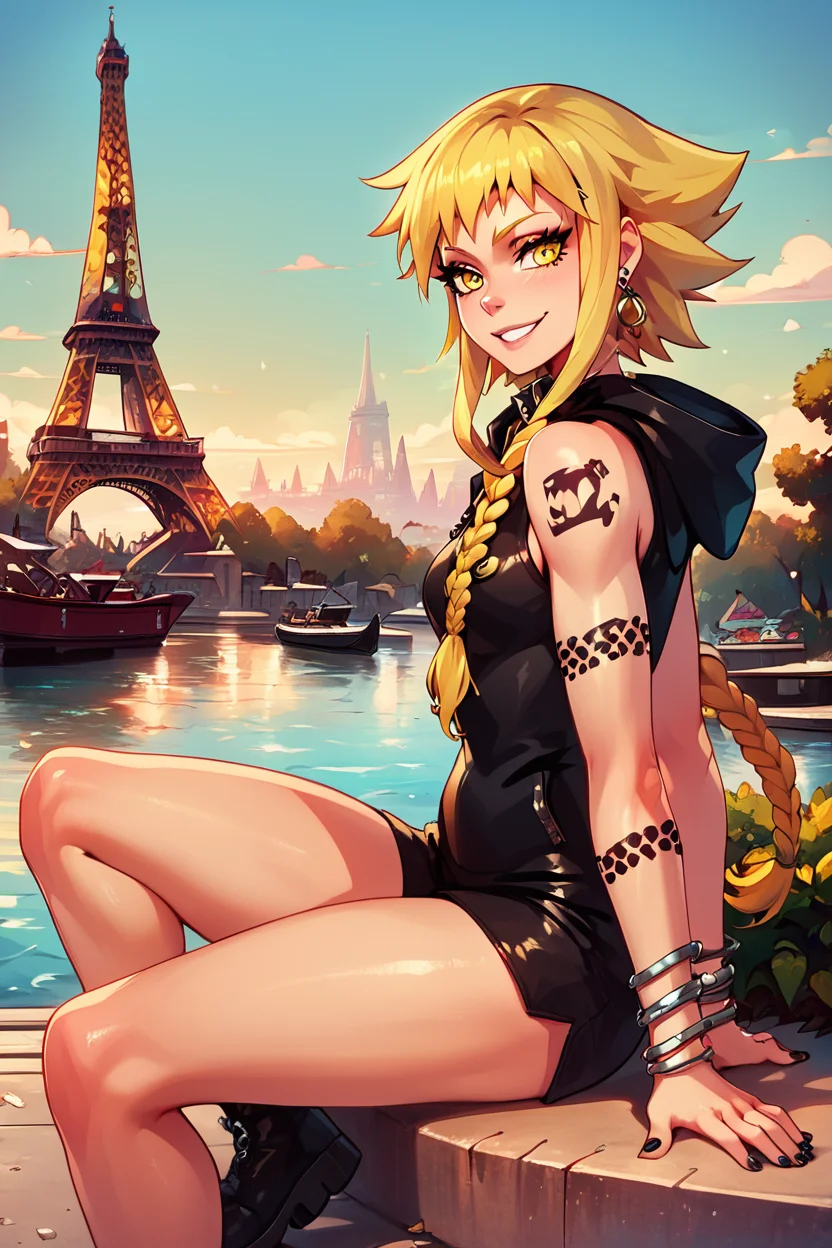 score_9, score_8_up, score_8, medium breasts, (curvy), cute, eyelashes, BREAK, , zzMedusa, blonde hair, long hair, braid, yellow eyes, tattoo, hood, jewelry, bracelet, sleeveless, nail polish, hoodie, braid, black nails, <lora:Medusa_SoulEater_PDXL_v2:1.0>, BREAK, zzEiffelTower in background, sitting, watercraft, boat, sitting on wall, side view, looking at viewer, smile, ,,, BREAK, blooming stars, luminescent petals, otherworldly fragrance blurry background, ,,, embedding:zPDXL, Expressiveh, ,,, <lora:EiffelTowerPDXL:0.8>, <lora:CatalystStylePDXL:0.6>, <lora:SDXLFaeTastic2400:0.5>, <lora:Expressive_H-000001:0.4>,