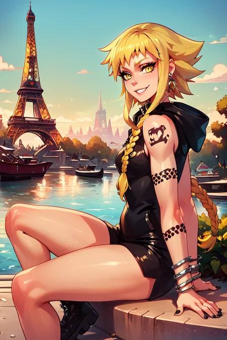 score_9, score_8_up, score_8, medium breasts, (curvy), cute, eyelashes, BREAK, , zzMedusa, blonde hair, long hair, braid, yellow eyes, tattoo, hood, jewelry, bracelet, sleeveless, nail polish, hoodie, braid, black nails, <lora:Medusa_SoulEater_PDXL_v2:1.0>, BREAK, zzEiffelTower in background, sitting, watercraft, boat, sitting on wall, side view, looking at viewer, smile, ,,, BREAK, blooming stars, luminescent petals, otherworldly fragrance blurry background, ,,, embedding:zPDXL, Expressiveh, ,,, <lora:EiffelTowerPDXL:0.8>, <lora:CatalystStylePDXL:0.6>, <lora:SDXLFaeTastic2400:0.5>, <lora:Expressive_H-000001:0.4>,
