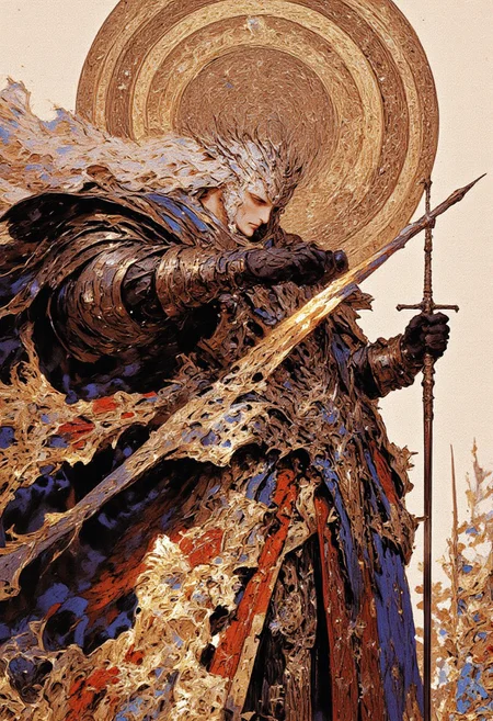 A highly detailed digital artwork depicting a fantastical warrior maiden exuding strength and elegance in an elaborate, ornate outfit. She has long, flowing blonde hair intricately braided and crowned with a radiant golden circlet that gleams in the light. Her sharp, piercing eyes and confident, determined expression reflect her fearless nature. Her armor combines silver, gold, and deep brown tones, featuring intricate patterns of swirling designs, circular motifs, and animalistic symbols that lend it a rich medieval fantasy aesthetic. She wields a grand, ornate sword in her right hand, its hilt wrapped in interwoven gold and silver bands, and its sharp, curved blade shimmering with a metallic sheen. Her outfit is a harmonious blend of form and function, with a sleeveless chest plate, a flowing skirt-like garment that adds dramatic flair, and intricately armored thigh-high boots that complete her formidable appearance. The background is minimalistic yet elegant, featuring abstract circular designs in muted beige and white tones, drawing focus to the warrior maiden’s dynamic pose. The artwork captures her mid-motion, with the flowing elements of her outfit and the gleam of her armor emphasizing her readiness for battle. This composition radiates a sense of power and beauty, blending realism with fantastical elements in stunning detail.