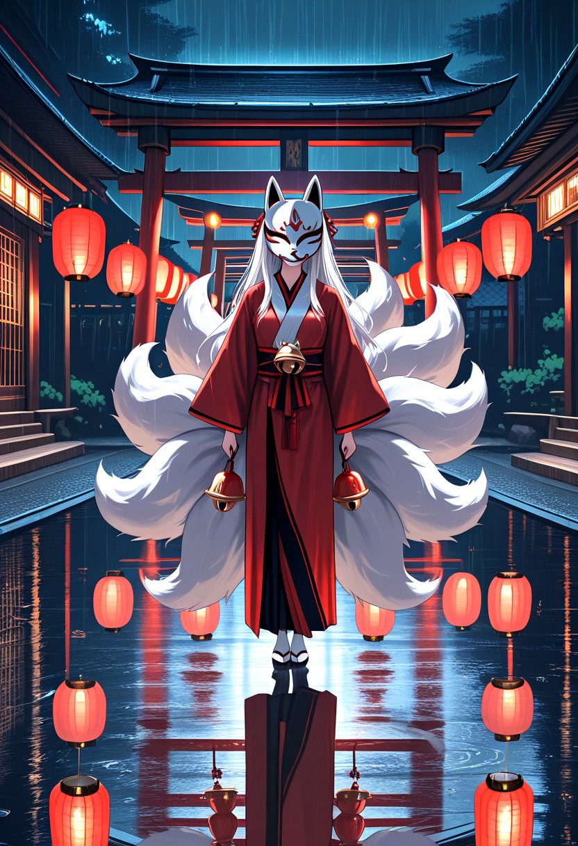 masterpiece, very aesthetic, newest, high score, best quality, absurdres, kitsune_yokai, 1girl, solo, long hair, looking at viewer, red eyes, animal ears, standing, tail, white hair, outdoors, japanese clothes, kimono, fox ears, bell, mask, night, fox tail, animal, fox, multiple tails, reflection, rain, lantern, torii, architecture, fox mask, east asian architecture, fox, paper lantern, kitsune