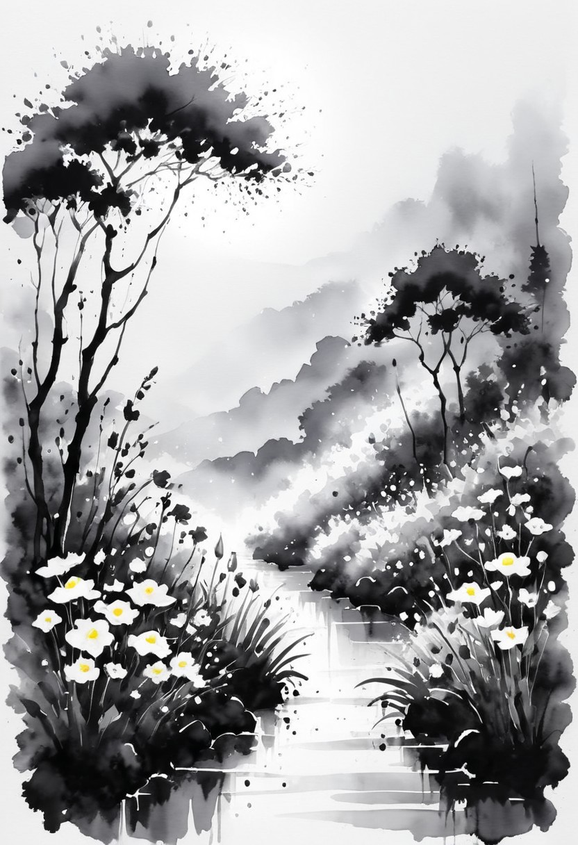 sunlight, nature, outdoors, scenery, flowers, rain
 ink-painting, ink wash,, ink wash painting,, white background,, SLPASHTER_3-7000, zavy-slhtt, black silhouette, monochrome