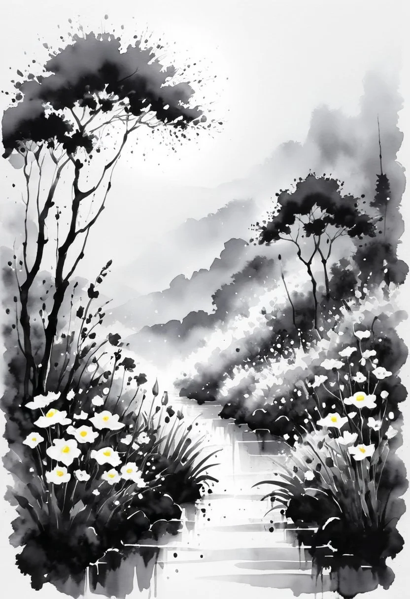 sunlight, nature, outdoors, scenery, flowers, rain
 ink-painting, ink wash,, ink wash painting,, white background,, SLPASHTER_3-7000, zavy-slhtt, black silhouette, monochrome