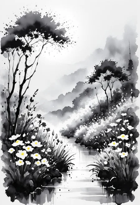 sunlight, nature, outdoors, scenery, flowers, rain
 ink-painting, ink wash,, ink wash painting,, white background,, SLPASHTER_3-7000, zavy-slhtt, black silhouette, monochrome
