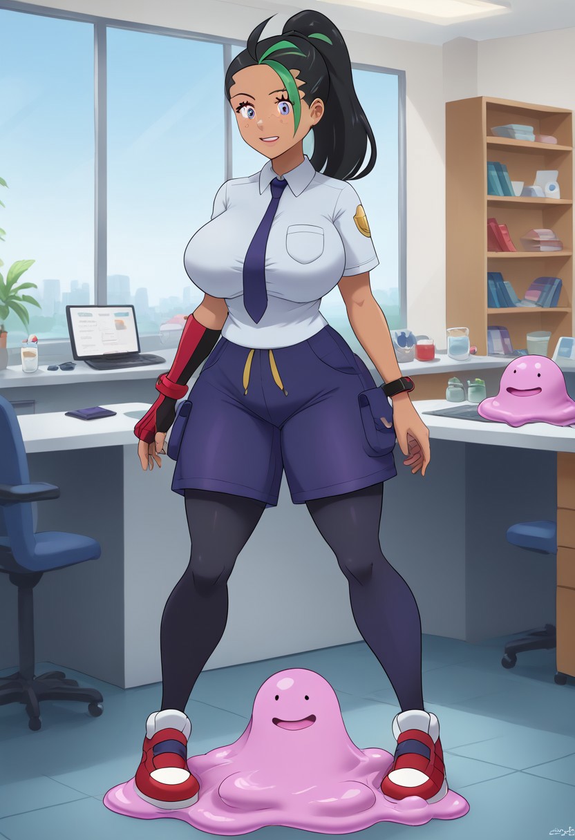 score_9, score_8_up, indoors, Laboratory background, Lab gear, Ditto transformed into Nemona, transformation, DittoUseTransform, (pink slime:1.5), smiley face, ditto_pokemon, ditto_transformation, ditto_transformation 1girl, dot eyes, gooey, slimey, (purple slime:1.5), Uva academy uniform, grey shirt, blue shorts, single glove, pantyhose, multicolored footwear, blue necktie, Freckles, green streak, multicolored hair, streaked hair, blue eyes, black hair, ponytail, hourglass figure, curvy, mature female, (large breasts:1.5), sun