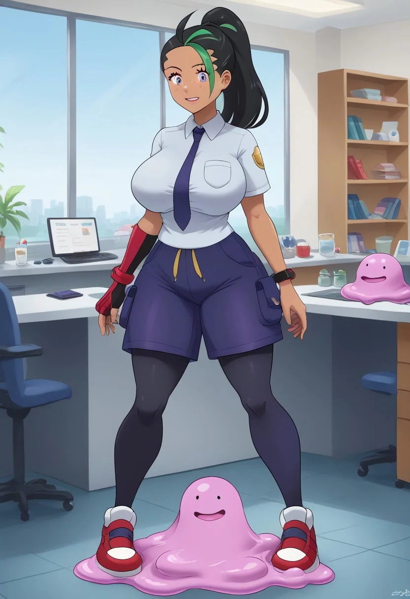 score_9, score_8_up, indoors, Laboratory background, Lab gear, Ditto transformed into Nemona, transformation, DittoUseTransform, (pink slime:1.5), smiley face, ditto_pokemon, ditto_transformation, ditto_transformation 1girl, dot eyes, gooey, slimey, (purple slime:1.5), Uva academy uniform, grey shirt, blue shorts, single glove, pantyhose, multicolored footwear, blue necktie, Freckles, green streak, multicolored hair, streaked hair, blue eyes, black hair, ponytail, hourglass figure, curvy, mature female, (large breasts:1.5), sun