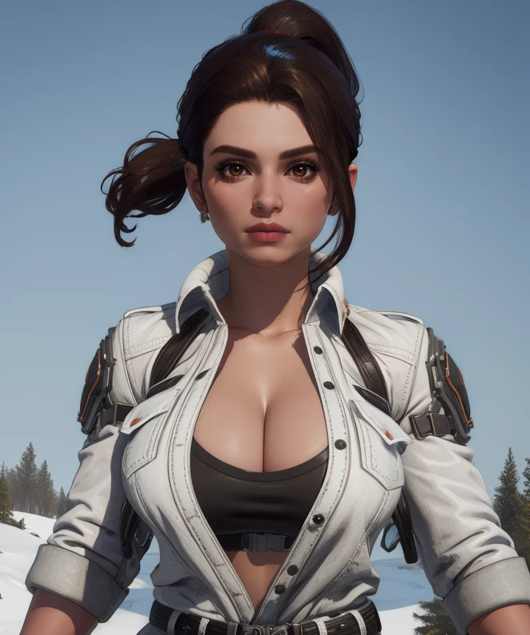 haileyfd,brown hair,brown eyes,short ponytail,
white jacket,black cropped shirt,belt,navel,cleavage,looking at viewer,
standing,upper body,
winter,
(insanely detailed, masterpiece, best quality) solo,<lora:haileyFD:0.8>,