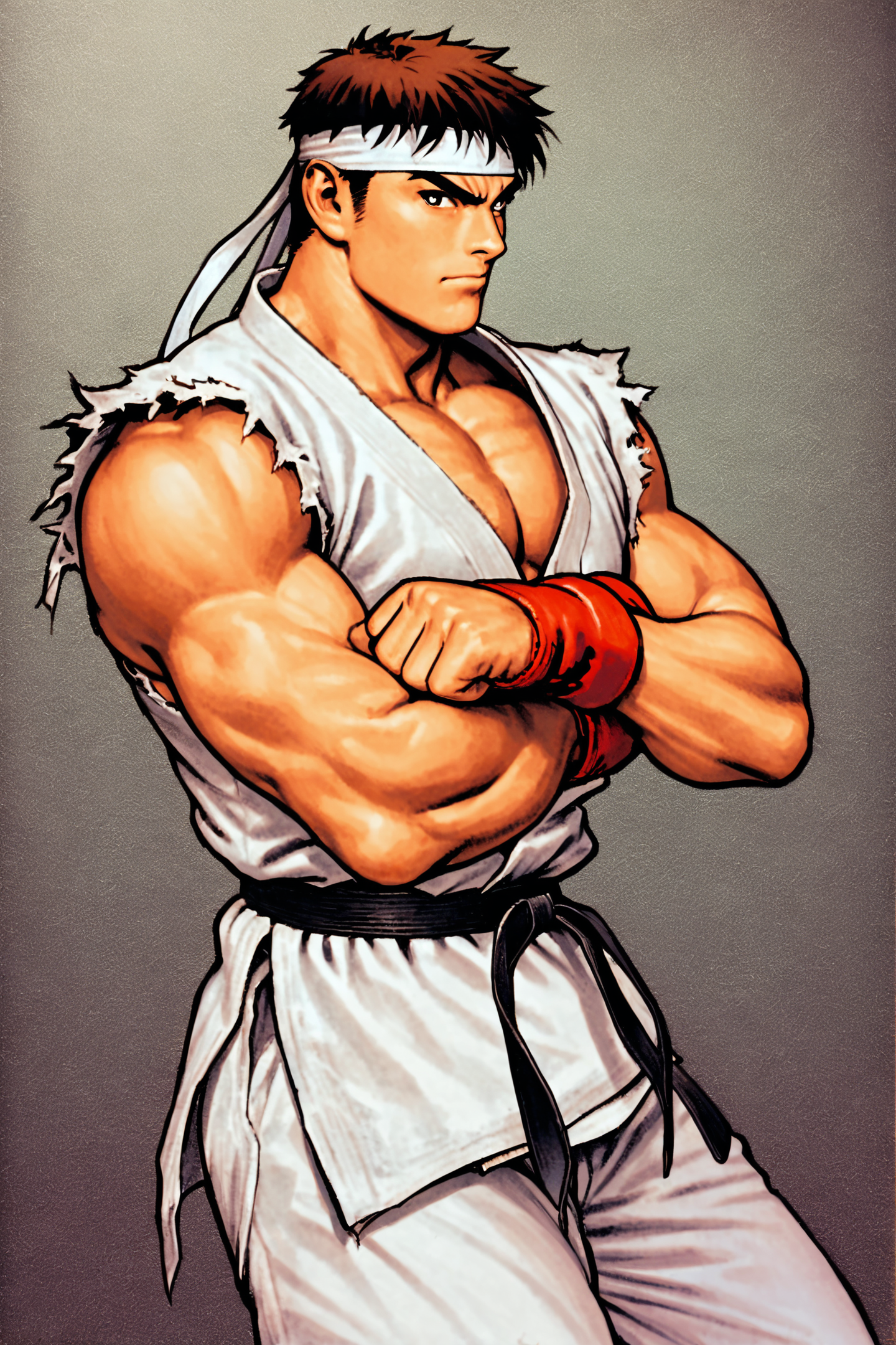 1boy,ryu,ryu (street fighter),white dougi,solo,male focus,white headband,barefoot,red gloves,brown hair,fingerless gloves,torn clothes,muscular,pectorals,martial arts belt,crossed arms,traditional media,
<lora:shinkiro_XL_v2:0.8>,