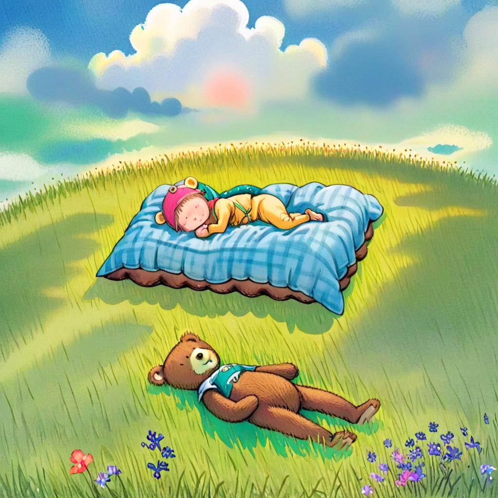 A   image rendered in a watercolor painting style, featuring a young girl and a teddy bear peacefully sleeping on a lush grassy field. The girl should be dressed in comfortable, casual clothing suitable for a day outdoors. The teddy bear should be lying next to her, as if it's also enjoying the peaceful moment. The sky could be clear with a few fluffy clouds, adding to the serene atmosphere. The grass should be vibrant and full, perhaps with a few wildflowers scattered around, <lora:jimi:0.8>