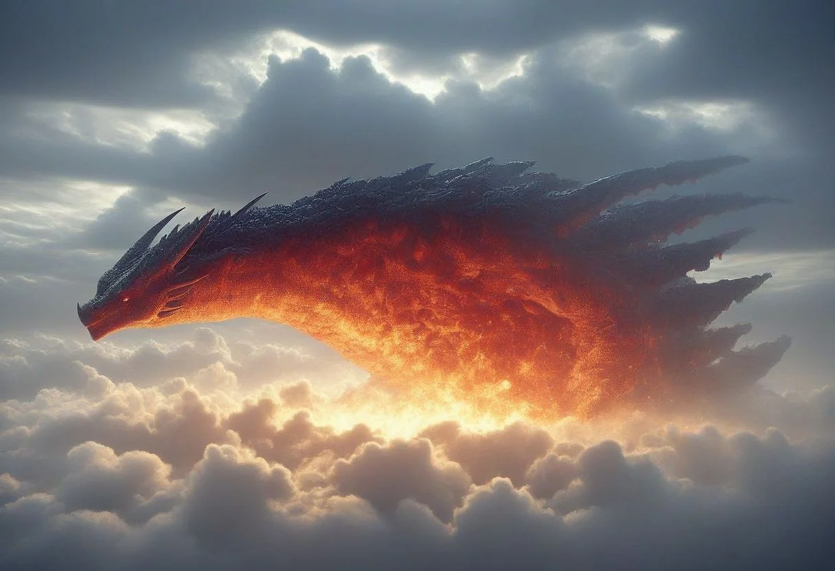 cinematic_photo, mad-abvthclds, clouds, mad-embr, giant_flaming_dragon in the distance, group_of_knights in the foreground, ominous,