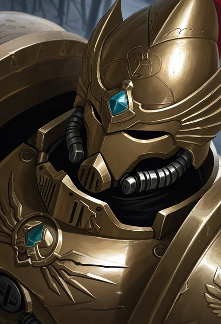 masterpiece, best quality,high quality, newest, highres,8K,HDR,absurdres, iLLCustodes40k, 1boy, solo, helmet, power armor, close up, dutch angle, from_side,from_above, photorealistic