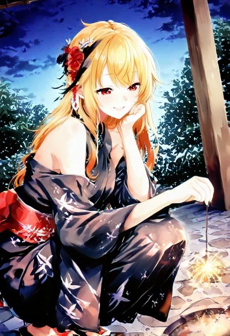 masterpiece,best quality, absurdres, anime style, CG,
cinematic lighting, natural shadow, highest detail, detailed background, intricate scenery, depth of field, insane details, intricate, subsurface scattering,
1girl, very aesthetic, dutch angle, cinematic angle, from side, from front, front view,
serene atmosphere, happy smile,
outdoors, garden, japanese garden, flowers, night,
finely detailed face, beautiful face,
<lora:kaelaIL:0.85> kaelaIL, kaelakimono, japanese clothes, black kimono, wide sleeves, hair flower, bare shoulders, long hair,
<lora:senkouhanabiXLv1:1> senkou hanabi, holding, squatting, sparkler,
<lora:InkWashpainting:2>