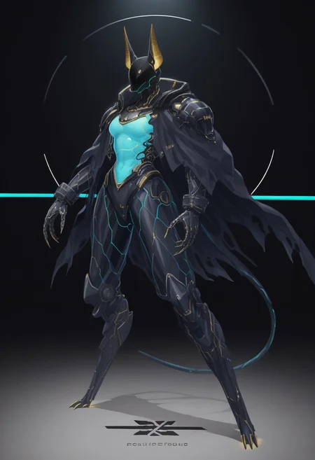 female(((jackal Anubis robot)))(stunning, magnificent, HD, photorealistic, dramatic lighting, intricate details, armor beautiful patterns, realistic , mythical, legendary, powerful, cinematic,, masterpiece, perfect anatomy, perfect composition, perfect hand, (beautiful detailed eyes:1.2), (soft colors)) , glowing blue core on armor, armor highly detailed patterns on armor), torn cloak , full body fits into the image, full body visible, ), claws, gauntlet, igital illustration of a futuristic, armored humanoid figure. The subject is dressed in a highly detailed, dark, and bulky exosuit with intricate mechanical components and white accents. The suit features various textures and layers, including a cloak-like garment with angular, geometric shapes. The figure's head is adorned with a helmet that has two antenna-like protrusions and a visor, giving it a robotic appearance. The suit has several logos and text in white, including a prominent circular emblem on the chest and arm. The overall design is sleek and modern, with a strong emphasis on technology and advanced, ,huge arms with sphere mechanical components